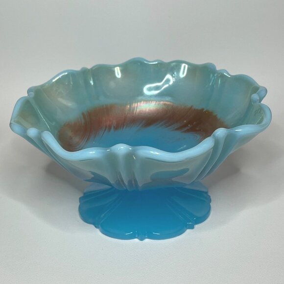Turquoise/Blue Footed Glass Shallow Ruffled Edge Vintage Bowl - Picture 5 of 10